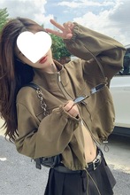 设计感收腰抽绳短款外套女秋季小众炸街双拉链泡泡袖高腰黑色上衣