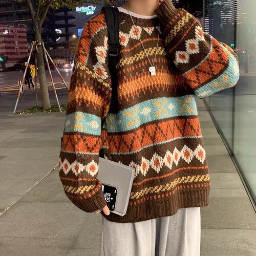 Japanese Retro Sweater for Men, National Trend Ethnic Style Striped Loose Top, Fashion Brand Casual Style Couple Knitwear