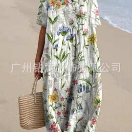 2025新款跨境电商亚马逊宽松休闲舒雅V领数码印花缩褶大版连衣裙