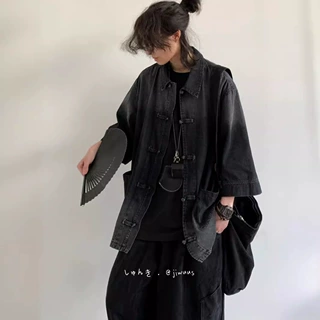 夏季新款中式国风做旧牛仔外套男女生宽松复古盘扣水洗牛仔上衣服