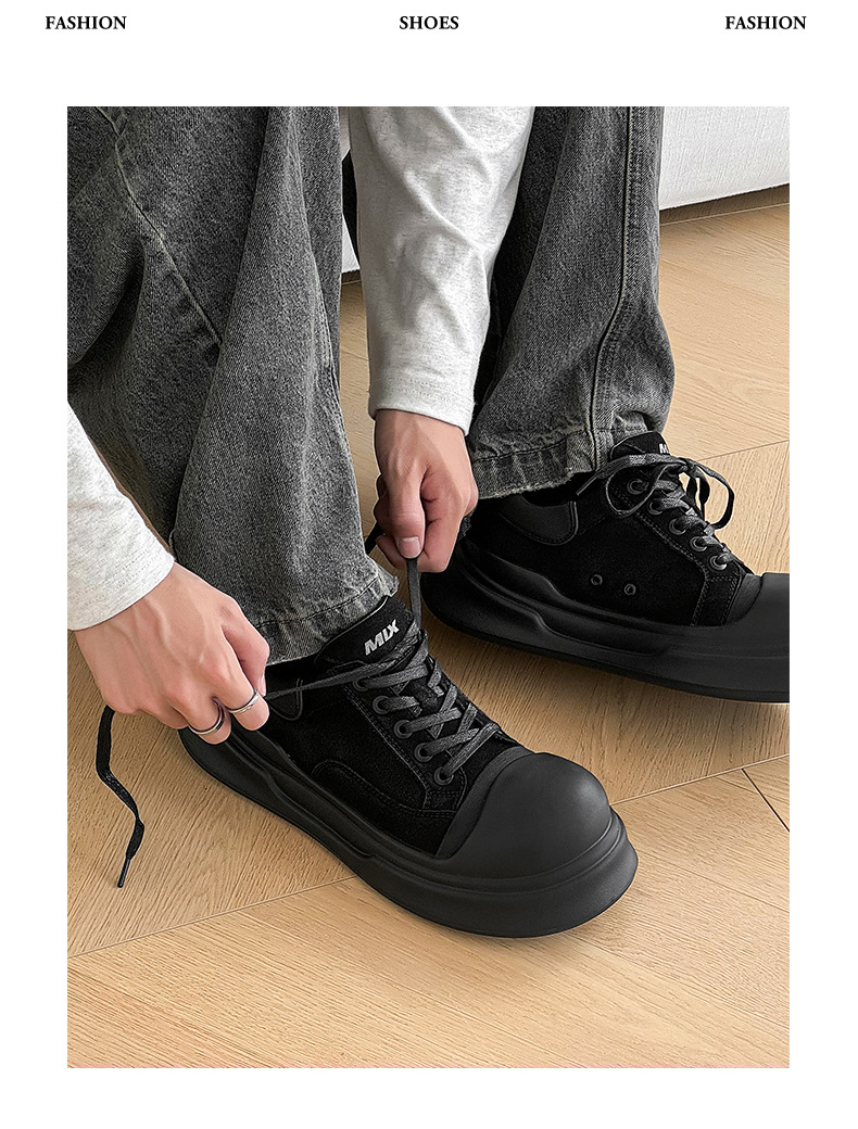 Chaussures décontractées polyvalentes à plateforme, style moche et mignon, basses, style skate, noires, à bout rond, en toile, pour hommes_voghion.com