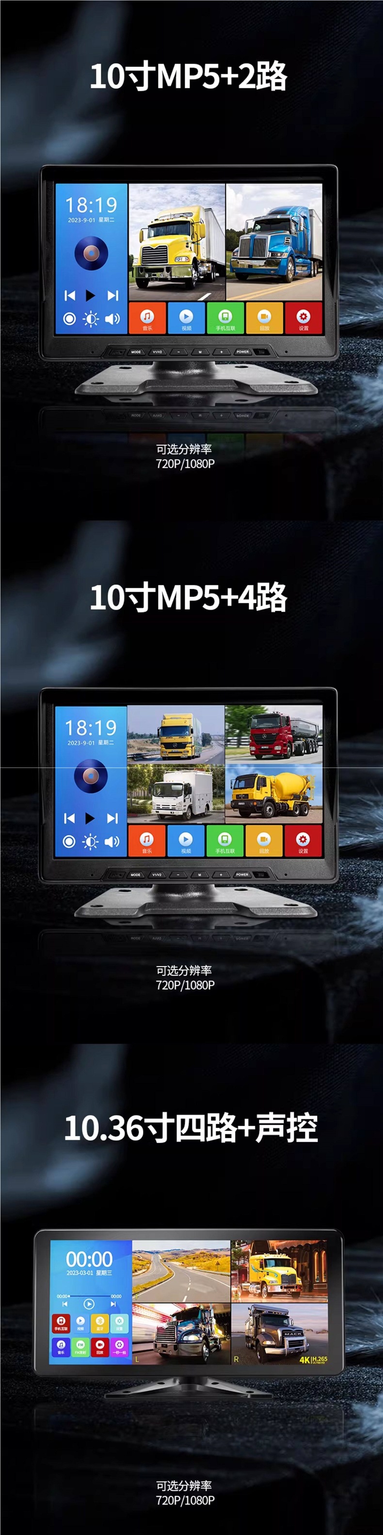 Truck Reversing Image Mp5 Car Display Screen Two-Channel Four-Channel High-Definition Monitoring 24V Driving Recorder Monitor