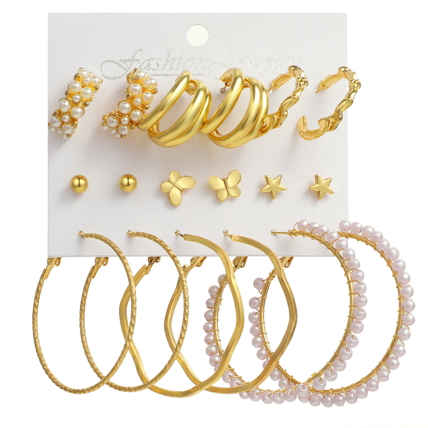 欧美跨境新款珍珠女士耳环 复古金色耳圈套装6件套Earrings Set 欧美跨境新款珍珠女士耳环 复古金色耳圈套装6件套Earrings Set