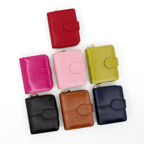 New women's short bag fashionable women's zipper wallet retro oil wax leather coin purse wallet card bag manufacturer batch