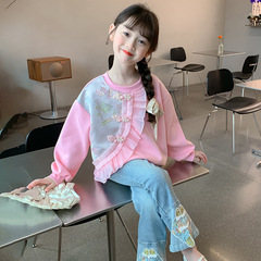 Girls' Chinese Style Sweatshirt 2024 Spring New Children's Fashion Long-Sleeved Top for Middle-Age Girls Spring and Autumn Shirt