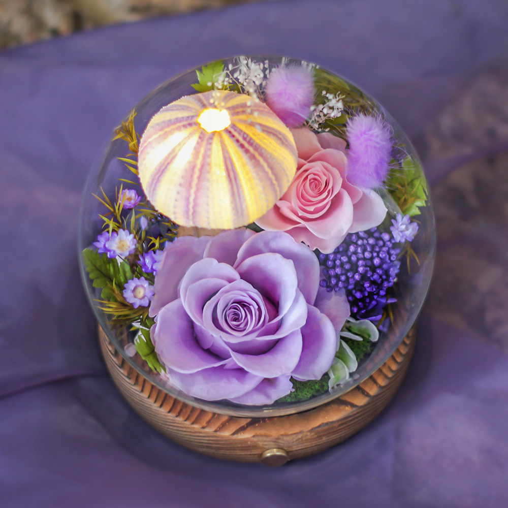 Amazon con flor eterna ligera cubierta de vidrio esférico terminado rosa flor eterna Xinghai Día de la madre Regalo de San Valentín