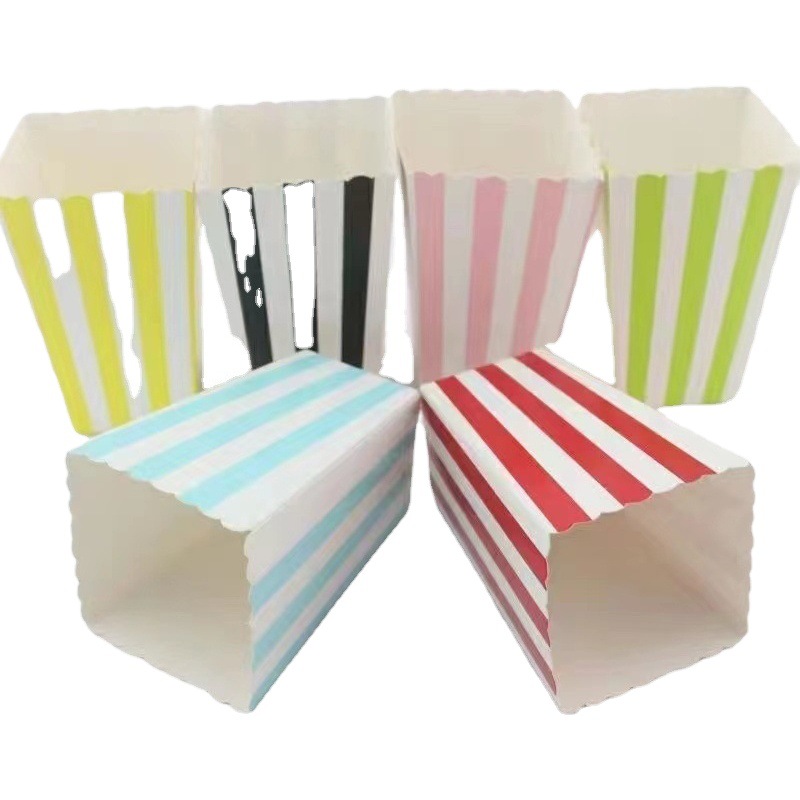 En stock desechable caja de palomitas de maíz plegable dorado a rayas caja de cartón blanco pollo ARROZ FLOR snack tubo de papel al por mayor