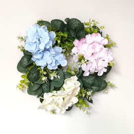 仿真三色绣球花尤加利小花环 婚庆摄影道具假花花环客厅花艺装饰