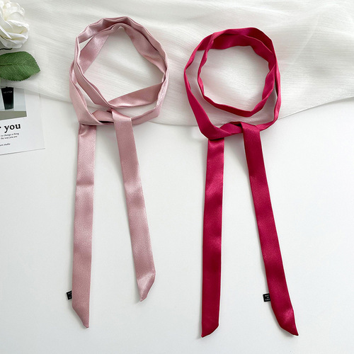 Korean version solid color narrow long small silk scarf for women versatile decorative bow hair tie bag hairband streamer small silk scarf