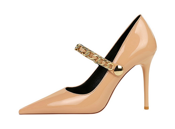 High heels women's shoes slim heels patent leather shallow mouth pointed metal chain line with single shoes_voghion.com