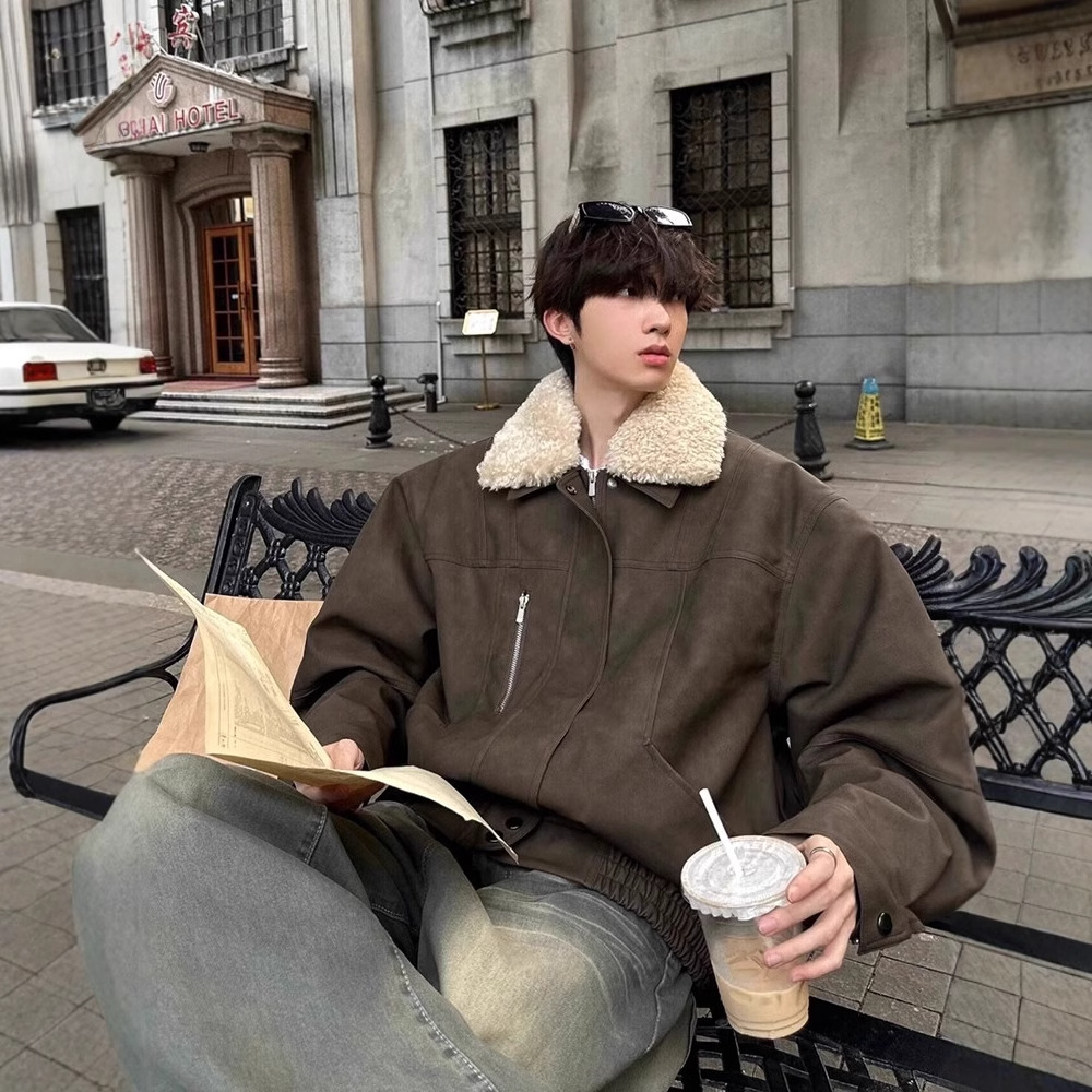 美式复古皮毛可拆羊羔毛外套潮牌欧美街头棉服男款冬季hiphop棉衣