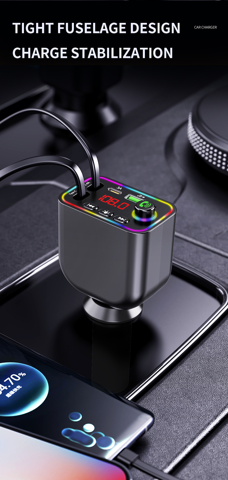 Multifunctional Car-Mounted Blue Mp Player Bluetooth + Charging + Fm Transmitter + Hands-Free Calling Cross-Border Manufacturer Supply