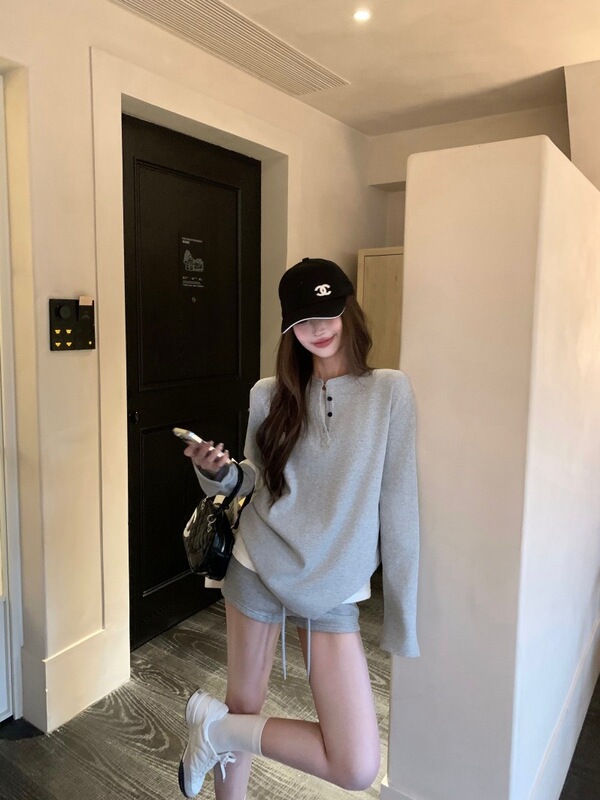 2025POLO领宽松薄款长袖T恤女早秋简约百搭高腰直筒休闲短裤套装|undefined
