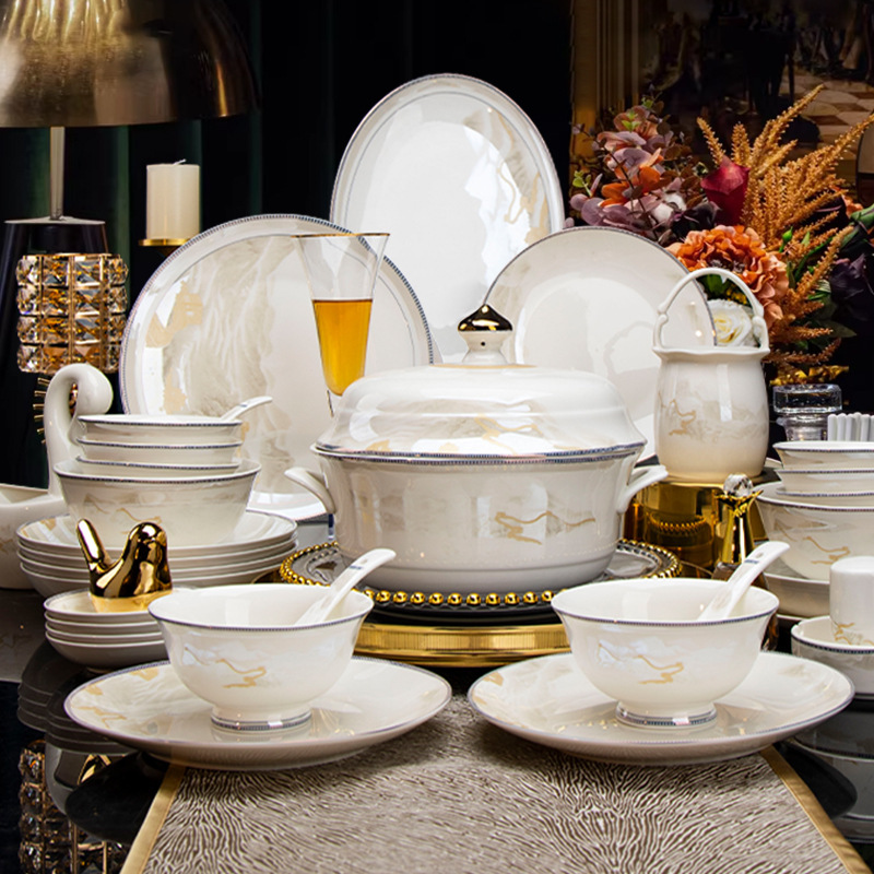 Light Luxury Marble-Patterned Gold-Painted Bone China Dinnerware Set, Household Bowl, Plate, and Spoon Combination, High-End Banquet Ceramic Tableware