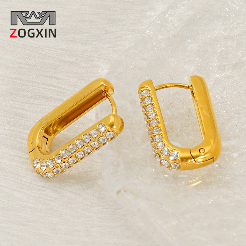 Venta caliente transfronteriza europea y americana Pendientes de moda simples y versátiles para mujer Pendientes rectangulares de medio incrustado en oro de 18 quilates para mujer