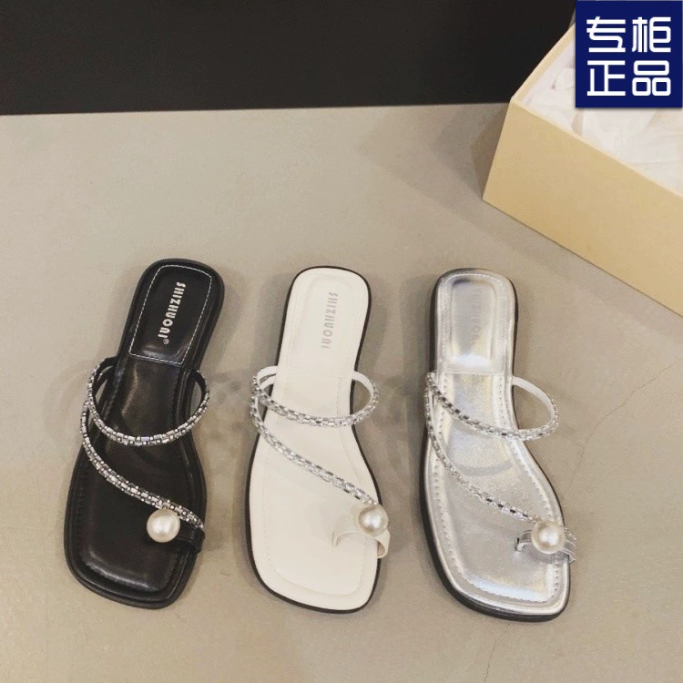 Женские летние пляжные шлепанцы 2025, модные, с блестками, плоские, универсальные, на танкетке