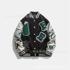 自有工厂定制外贸男式毛呢棒球服可加棉夹克衫毛巾绣刺绣LOGO