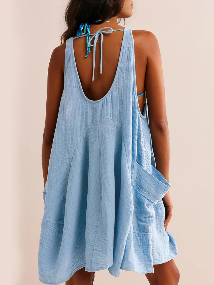 Spring Summer Casual Vacation Solid Color Patchwork Pocket Vest Dress Women Clothing