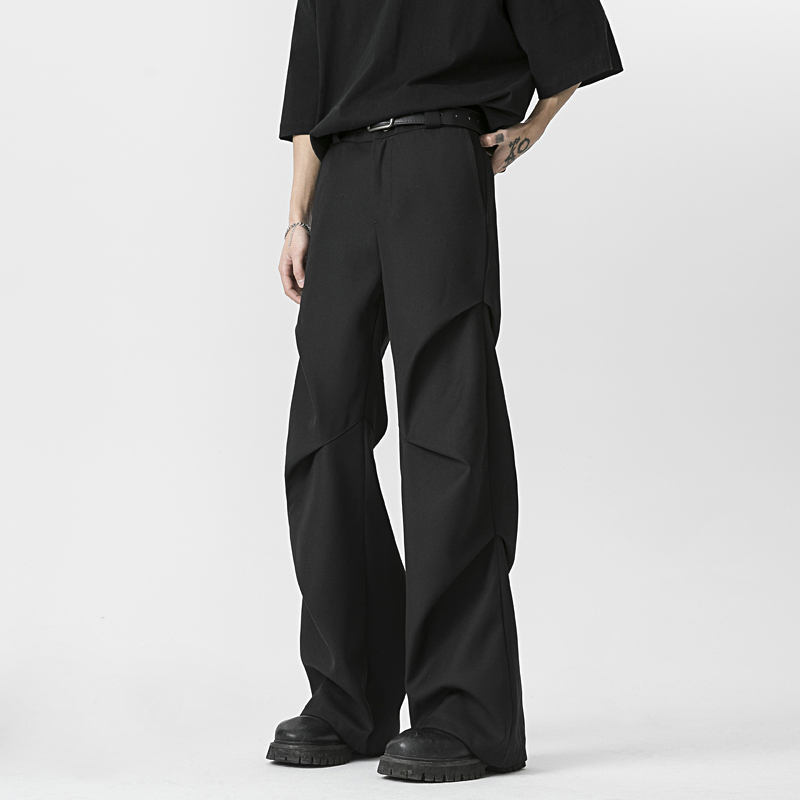 American Style Micro-Flared Pleated Casual Black Trousers Men's Trendy Brand New Loose Straight Floor-Length Cleanfit Long Trousers American Style Micro-Flared Pleated Casual Black Trousers Men's Trendy Brand New Loose Straight Floor-Length Cleanfit Long Trousers