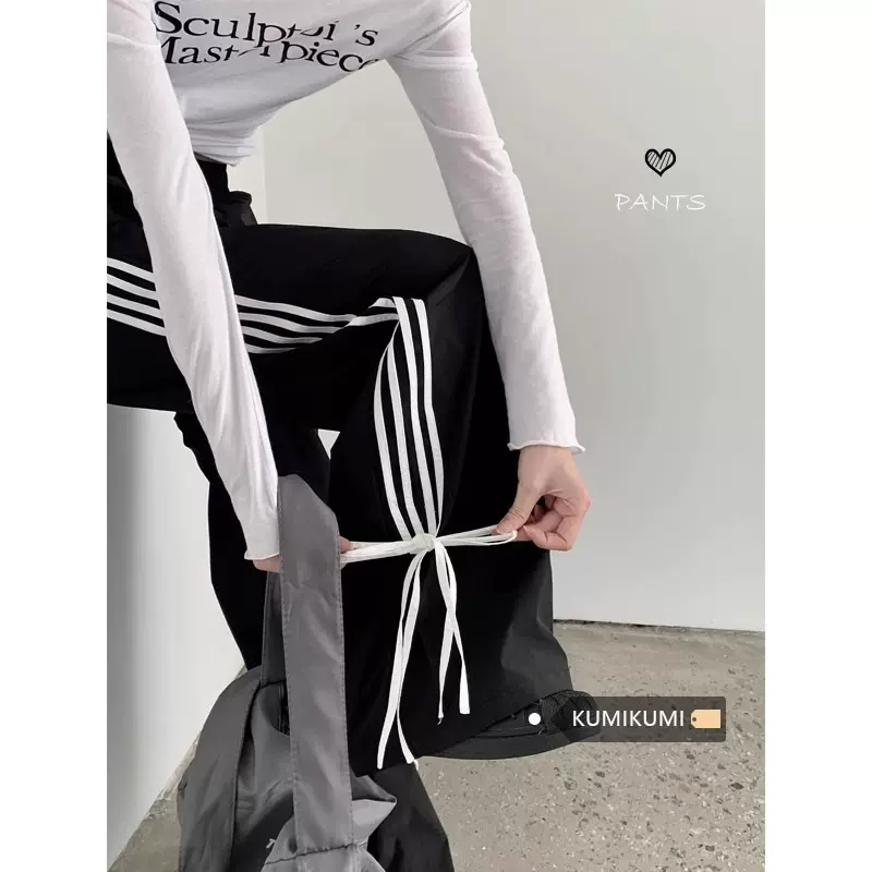 美式直筒休闲裤女早春蝴蝶结线条宽松垂感运动裤黑色拖地阔腿裤潮