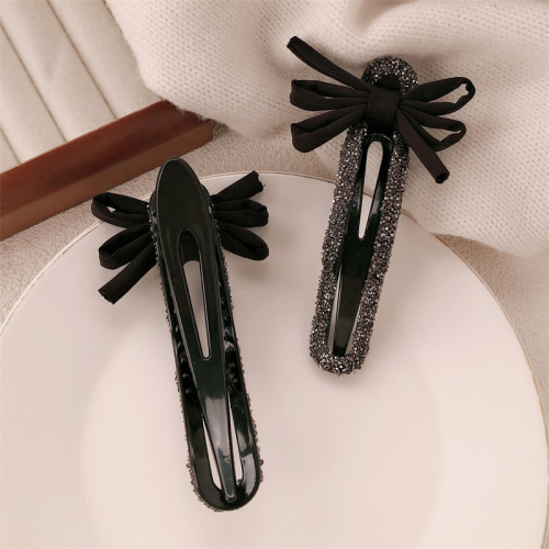 High-end full-pearl black bow duckbill clip lazy chic half-tied at the nape of the neck shark clip hair accessory