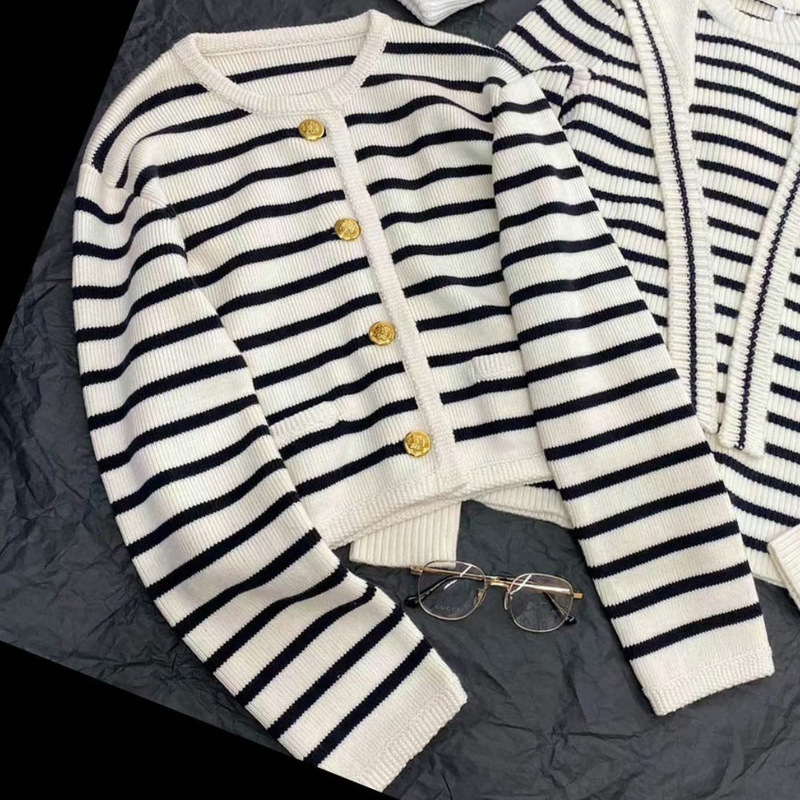 Autumn and Winter French Style Gold Button Contrast Stripesd Knitted Cardigan Women's Loose Round Neck Short Top Sweater Jacket