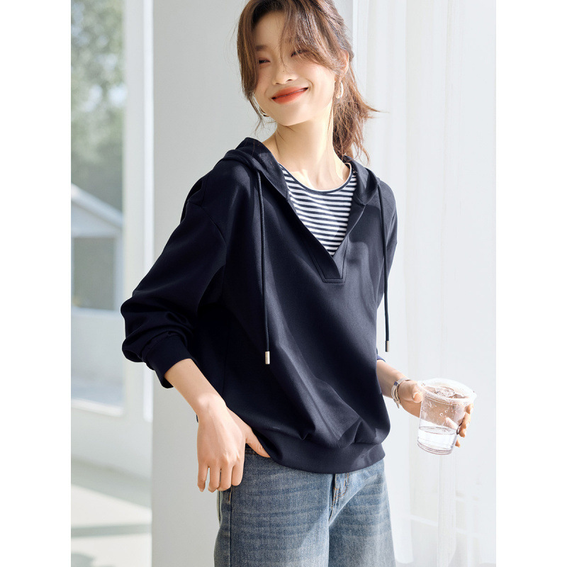 智性轻通勤拼接撞色条纹休闲上衣2025秋季新款女连帽卫衣|undefined
