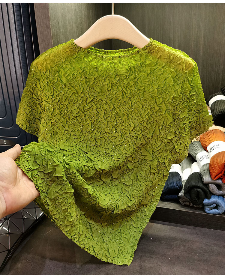 Áo thun ngắn tay nữ cổ tròn xếp li dập nổi kim cương, chất liệu cotton phối polyester, form suông thoải mái, phù hợp đi làm và dạo phố mùa hè — Màu hồng, Màu xanh lá, Màu mơ chi tiết 8