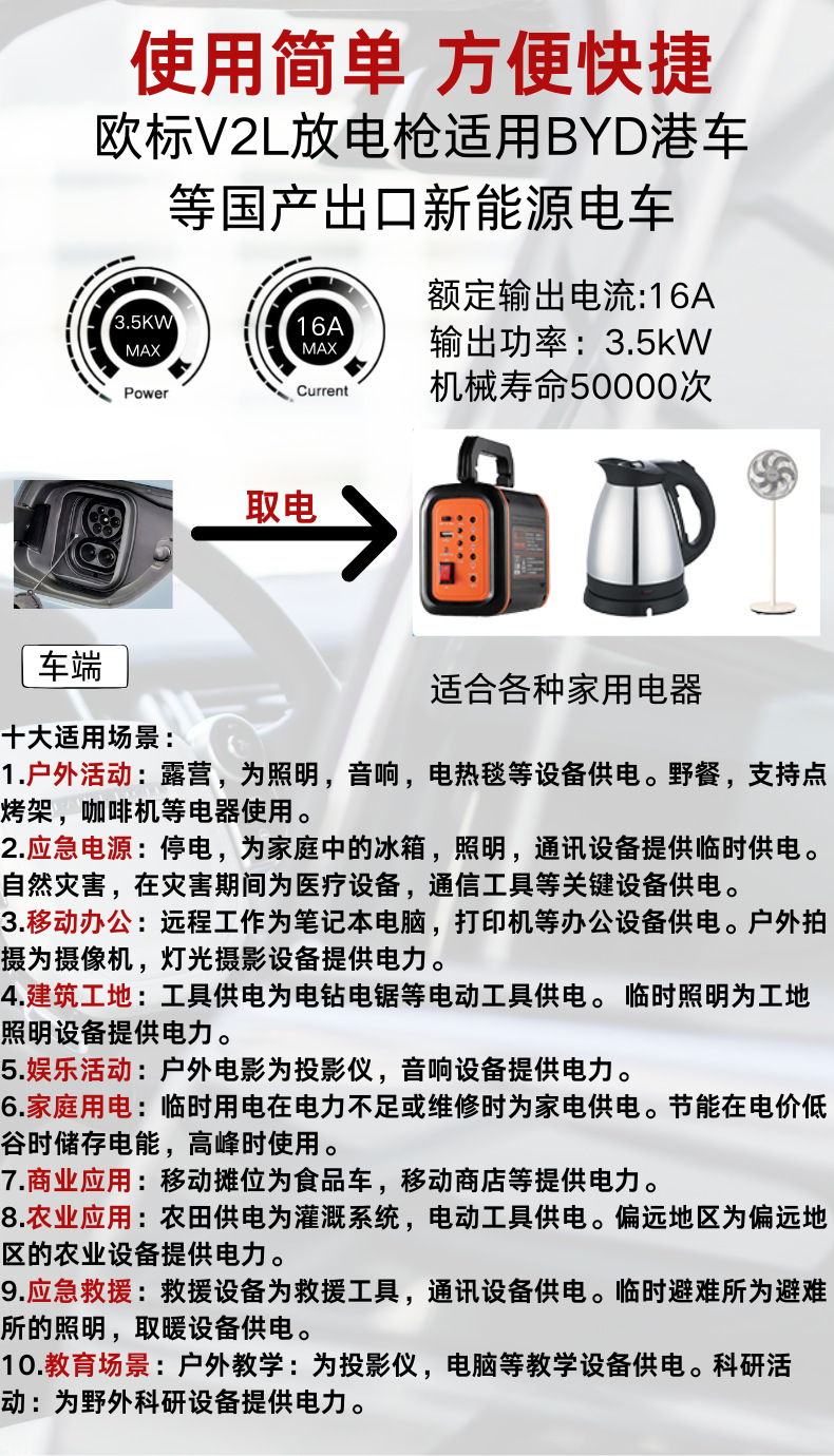 European Standard V2L Adapter for Electric Vehicle External Power Output, Suitable for Byd