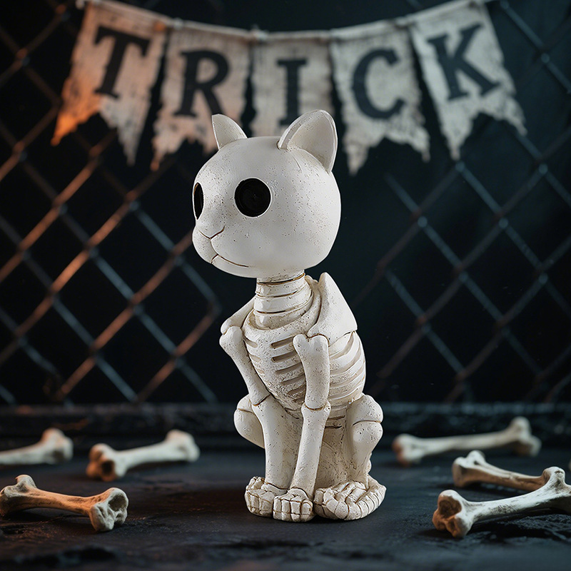  New Personality Skull Skeleton Cat Resin Ornaments Halloween Desktop Horror Atmosphere Decoration Ornaments