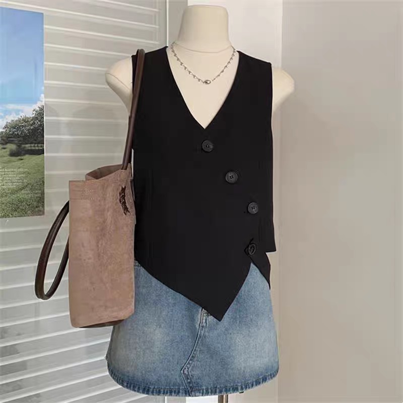 Black Design Irregular Small Suit Vest Vest for Women Summer New Thin Outer Wear Fashionable Short Top