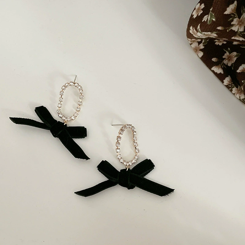 Серебряная игла, черные серьги с бантиком, образец серебра 925, японский и корейский стиль