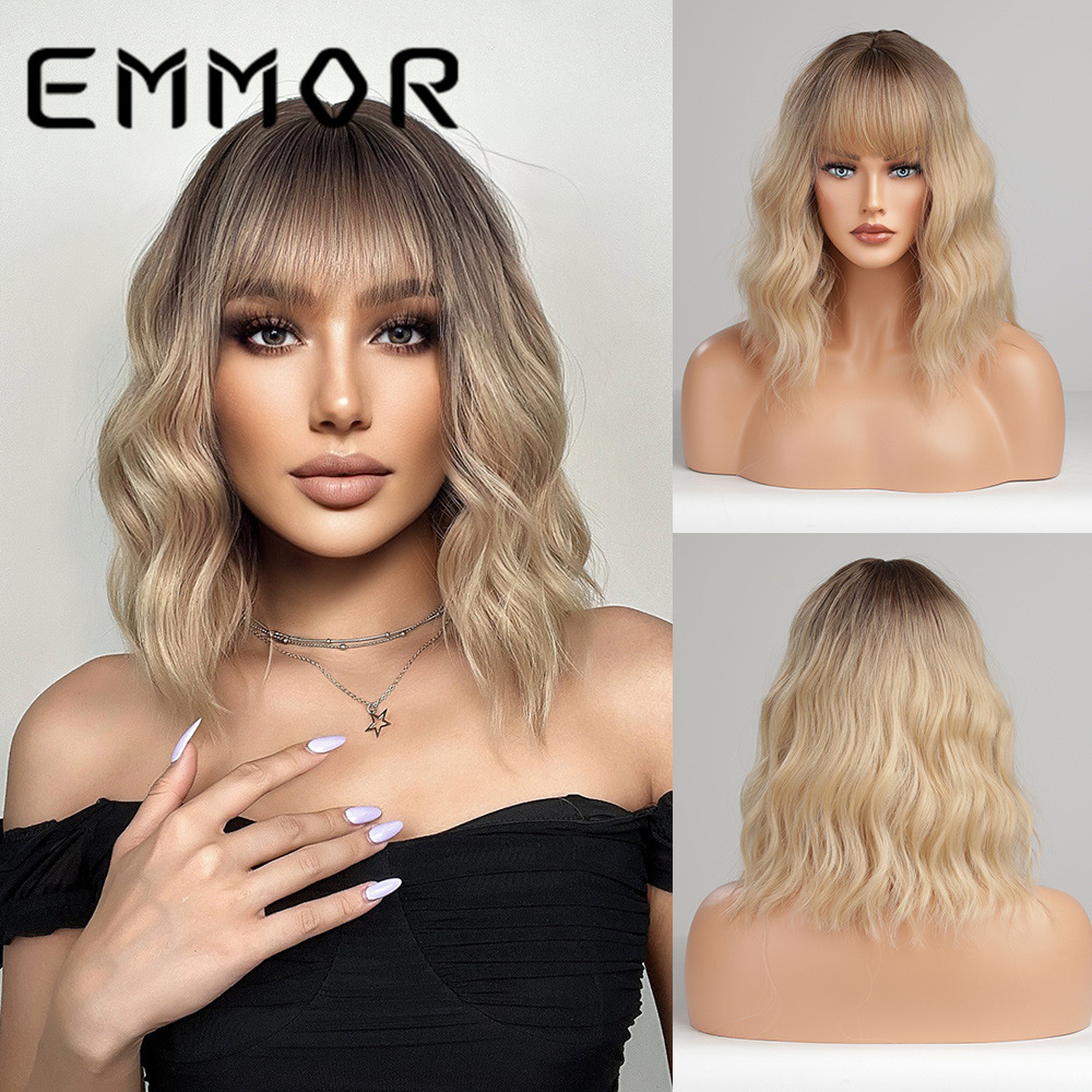 EMMOR Europa y América Amazon nuevo estilo flequillo gradiente Bobo cabeza Pelo Rizado fibra química de alta temperatura Peluca de seda cubierta de la cabeza
