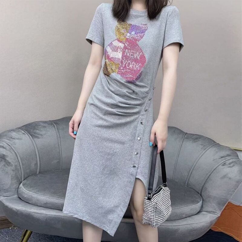 2025 New Loose Slim Plus Size Women's Irregular Slit Dress Summer Temperament Age-Reducing T-Shirt Skirt