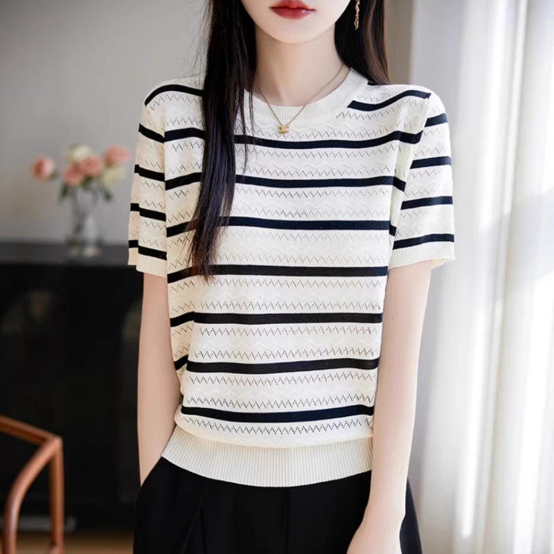 Rainbow Hollow-Out Striped Knit Top for Women, Summer Round Neck Loose Fit, Tencel Shirt, Ice Silk T-Shirt, Trendy