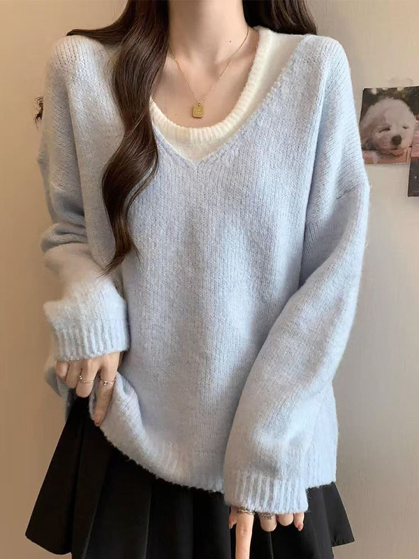 软糯高级感套头长袖两件套毛衣女秋冬韩版精仿羊毛慵懒风针织上衣|undefined