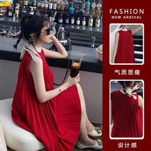 Maternity Wear 2024 New Style French Halter Neck Sleeveless Red Maternity Plus Size Pleated Dress