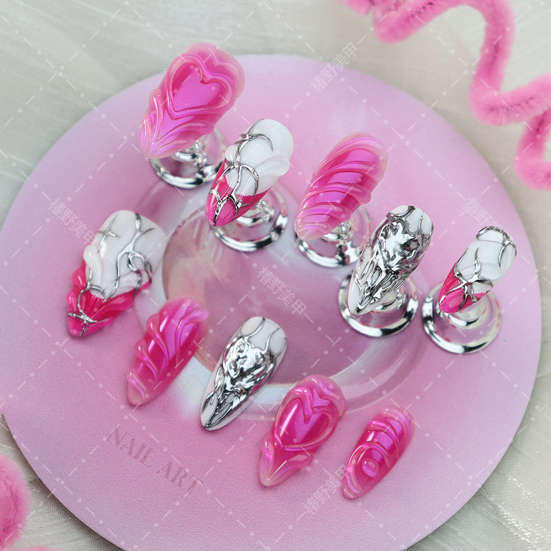 Cross-Border Wearable Nails Y2K Style Nails Pure Handmade Stereo Glue Heart Magic Mirror Powder Deep Pink French Manicure Patch