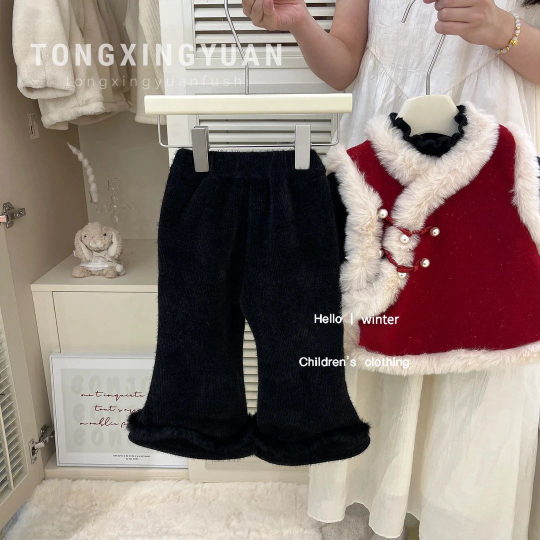 Niños estrella redonda Año Nuevo traje de Año Nuevo niñas rojo festivo estilo nacional chaleco de terciopelo de otoño y invierno pantalones de microescalado de mujeres