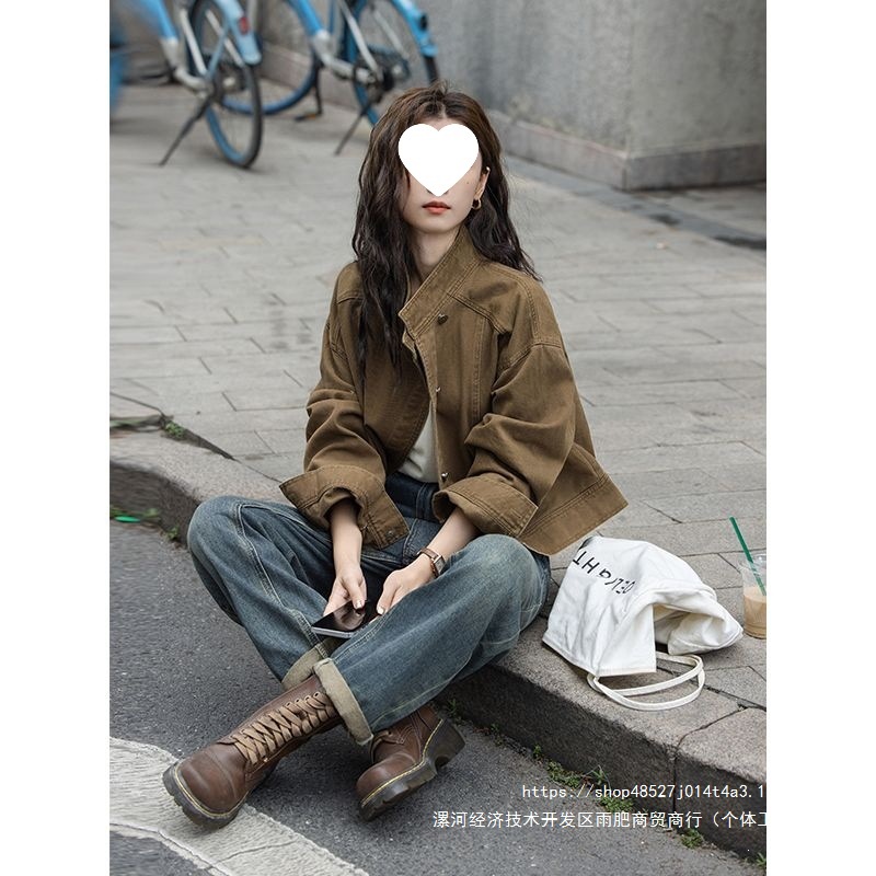 Su Mian Retro Brown Denim Short Jacket 2026 Early Autumn New Style Niche Loose Stand Collar Workwear Jacket Top for Women