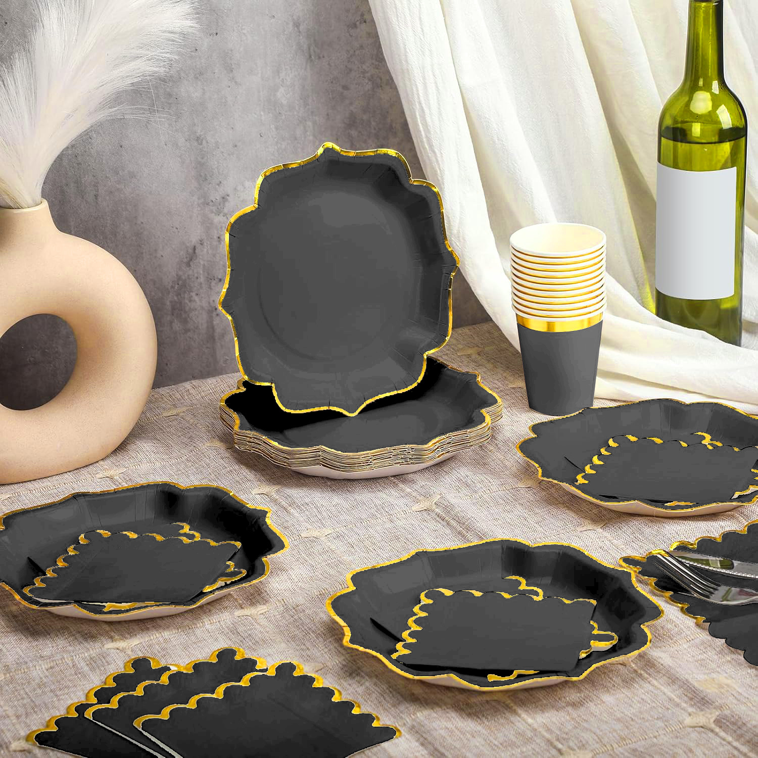 Premium Black & Gold Disposable Party Tableware Set - 20pcs Elegant Plates, Cups & Napkins For Events & Gatherings_voghion.com