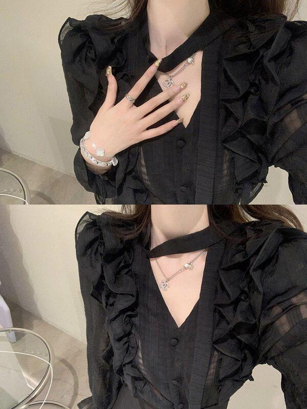 Black Lace-Up Long-Sleeved Chiffon Shirt for Women in Early Spring and Autumn New Design Niche French Chic Top