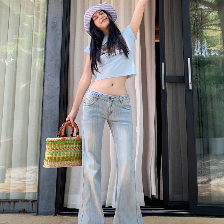 派派美式浅色低腰宽松微喇牛仔裤女夏季新款直筒修身显瘦喇叭拖地|undefined