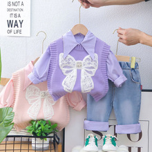 【1175人收藏】女童春季新款套装2025女宝宝洋气蝴蝶结针织马甲衬