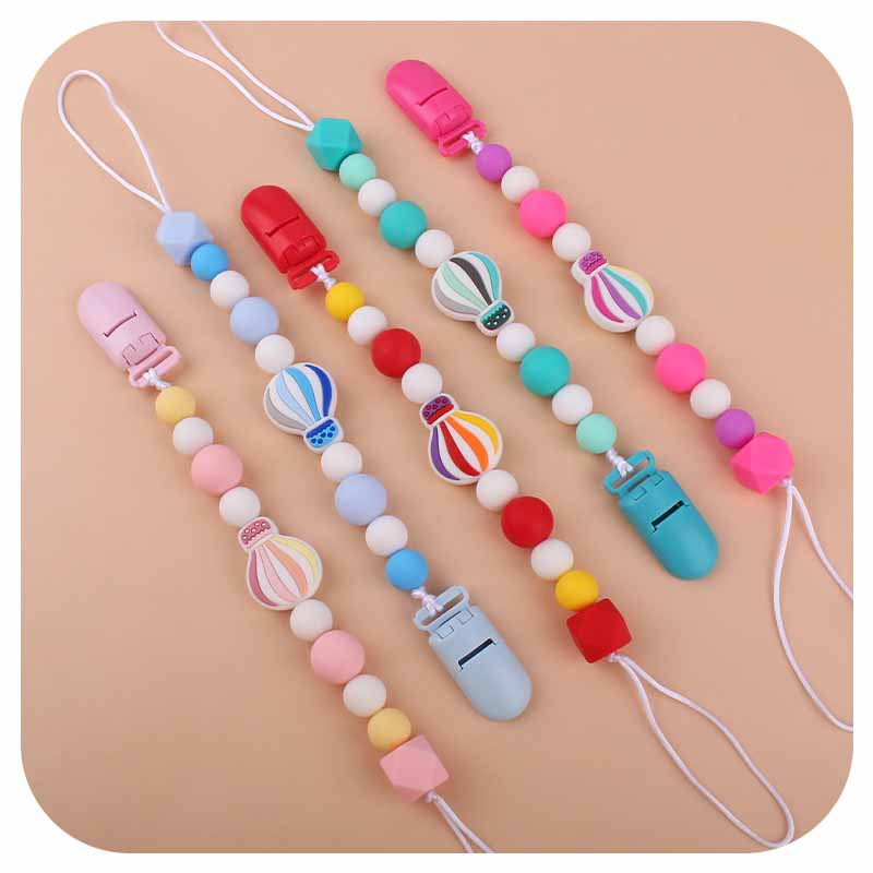 Bebé dibujos animados colorido globo de aire caliente silicona teether bebé teether palo juguete teether pezón cadena anti-caída