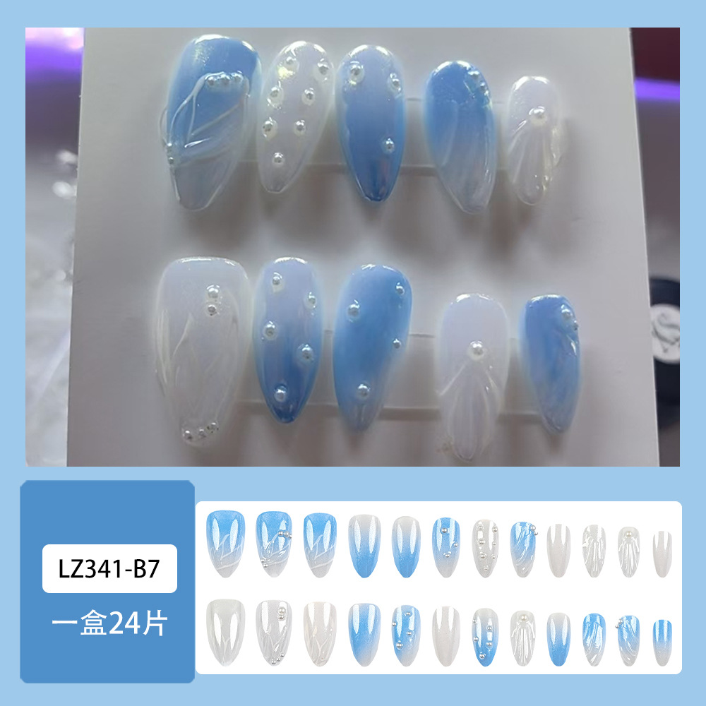 Ventas transfronterizas de perlas adornadas manicuras 3D onduladas parches de uñas de moda elegante gradiente de uñas azul y blanco
