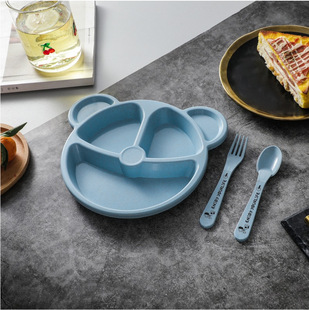 Creative cartoon wheat compartment bear children's plate baby compartment plate breakfast plate fork spoon complementary food plate
