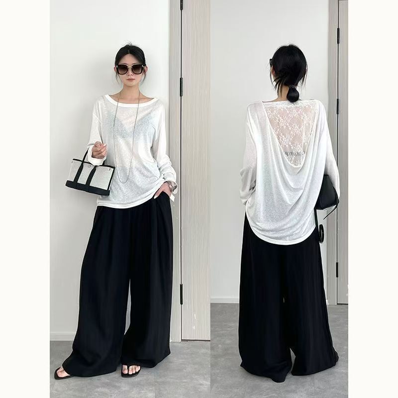 Simple design, sophisticated back detail – Tencel fabric, draped and ruched, with intricate lace patchwork, women’s T-shirt, Spring 2026