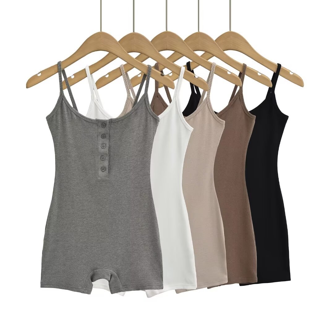 辣妹夏季針織吊帶開門襟連體褲吊帶紐扣無袖打底背心