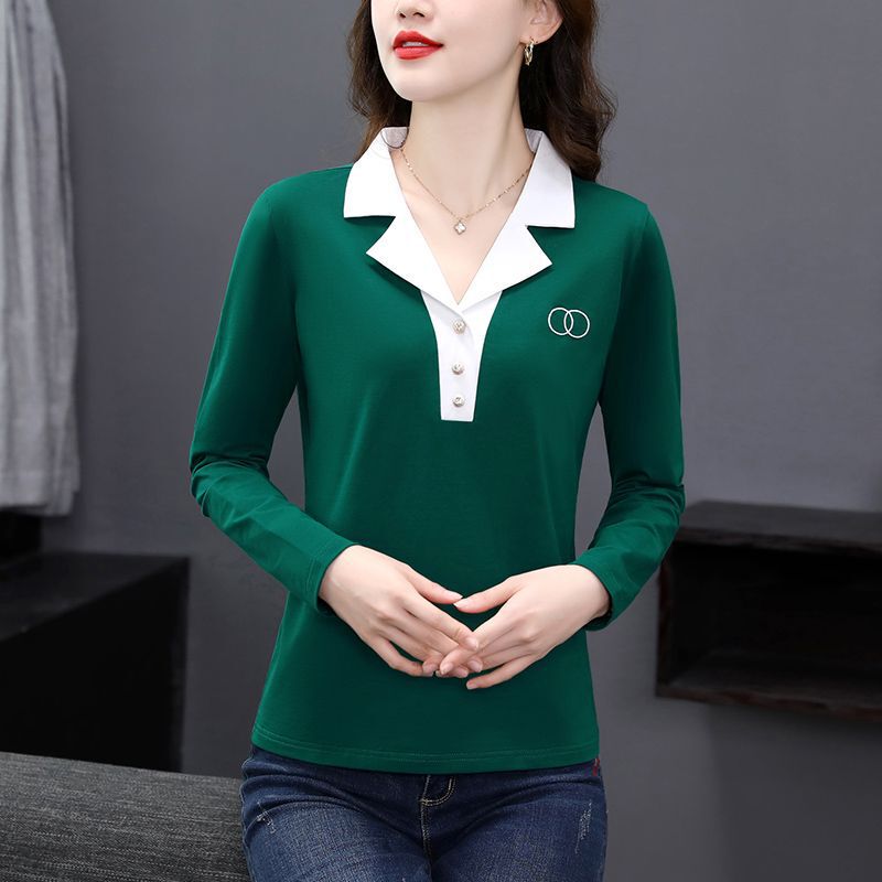 Cross-Border Women's Long-Sleeve Polo Shirt, Slimming Top for Moms, Elegant and Stylish for Work